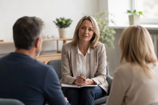 Couple discussing financial arrangement , pensions in divorce Oldham